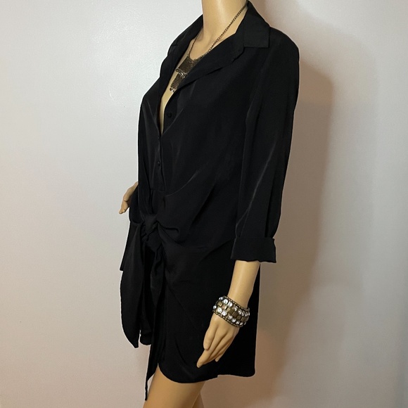 Black sheen lightweight button down long sleeve dress w/ bow tie in the front! - Picture 8 of 14